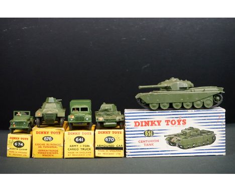 Five boxed Dinky military diecast models to include 651 Centurion Tank, 641 Army I Ton Cargo Truck, 676 Armoured Personal Car