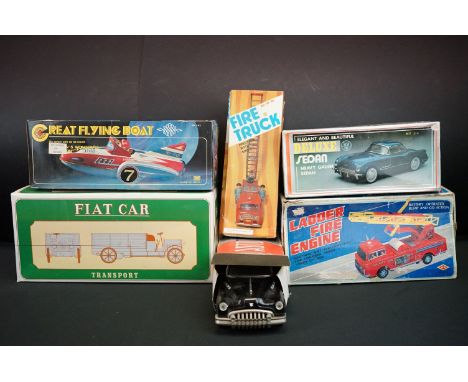 Six boxed tinplate model vehicles, to include W E Ladder Fire Engine, Fiat Car Transport truck, Great Flying Boat, Deluxe Sed