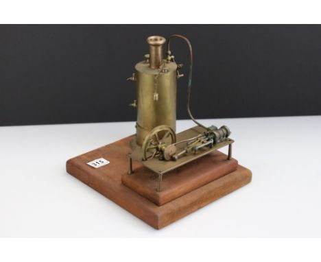 Brass stationary steam engine on wooden base, 10 x 9" approx base size 