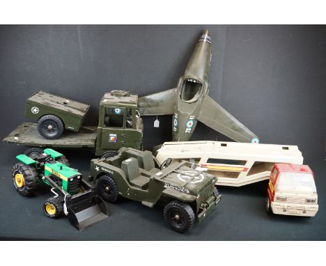 Three Action Man scale vehicles to include jeep with trailer, jet fighter plane &amp; army truck along with 2 x Tonka vehicle