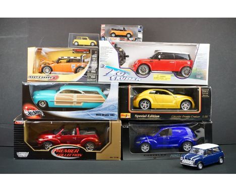 Eight boxed / cased diecast models to include Mattel Hot Wheels Merc Woodie 1950, 1/18 AutoArt Chrysler Panel Cruiser, Maisto