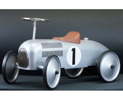 Contemporary Great Gizmos Ltd ride on vintage style metal racing car in silver, race number 1,  gd condition 