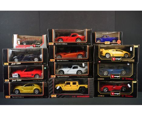 Eight Boxed Maisto Special Edn diecast models to include 7 x 1:18 scale (Dodge Viper GTS, Jaguar XJ 220, Mustang Mach III, Ch