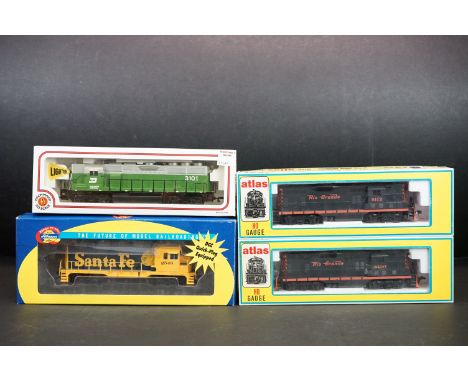 Four boxed HO gauge locomotives to include 2 x Atlas (8209 Rio Grande Road #5112 &amp; 8208 Rio Grande Road #5100), Athearn 9