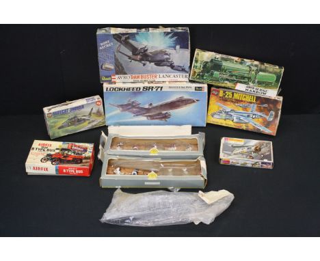 Seven boxed plastic model kits, to include Airfix 1:72 B-25 Mitchell, Sepecat Junior, 1:32 1910 B Type Bus (Old Bill), OO Sca