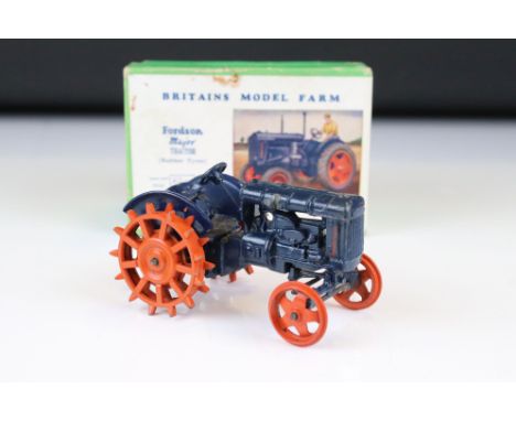 Britains Model Farm Fordson Major Tractor 127F diecast model in dark blue with studded orange wheels, contained within a box 