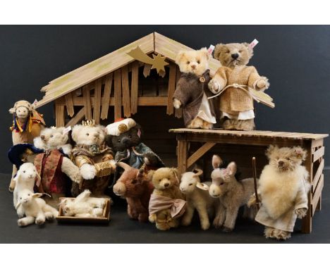 Steiff limited edition Nativity Sets 2005 to 2007, The Holy Family 74 of 1000, 2005; the Shepherds and hut 448 of 1000, 2006,
