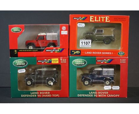 Four Boxed Britains 1:32 scale diecast Land Rover models to include 42101 Land Rover Defender 90 with canopy, 42111 Land Rove