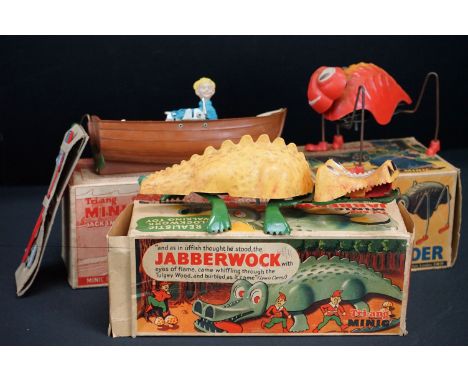 Three boxed Triang Minic tin plate toys to include Jabberwock, Jack in the Boat Rowing Boat with 2 x keys and oars and Great 