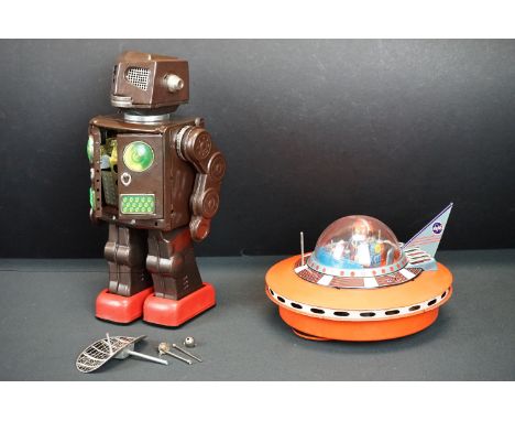 Two Japanese Sci Fi tin plate toys to include NASA Space / Moon vehicle and robot in brown, both marked made in Japan 