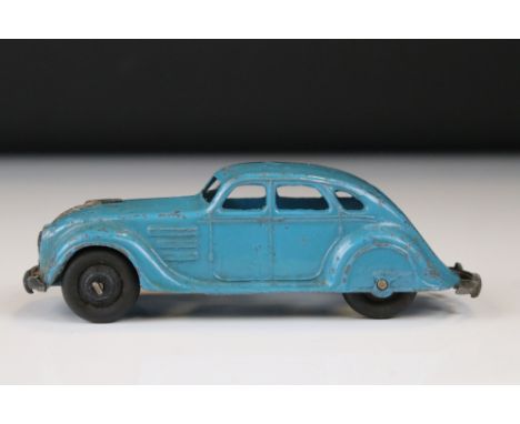 Original Dinky Chrysler Airflow Saloon 30a diecast model in pale blue with black hubs, some paint loss 