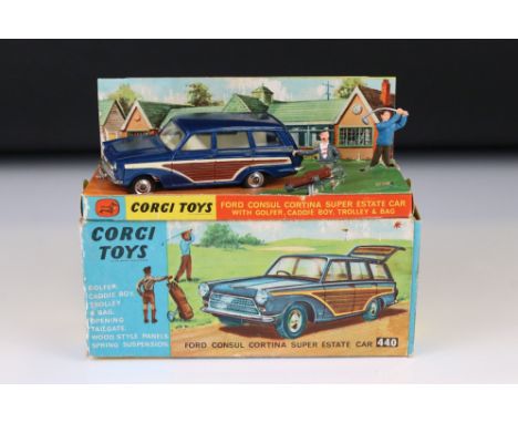 Boxed Corgi 440 Ford Consul Cortina Super Estate Car diecast model with golfer, caddie boy &amp; golf bag figures, diecast vg
