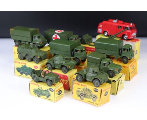 10 Boxed Dinky military diecast models to include 626 Ambulance, 2 x 670 Armoured Car, 692 5.5 Medium Gun, 2 x 623 Army Cover