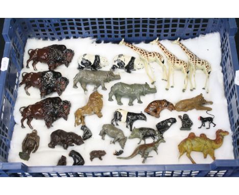 28 mid 20th C metal zoo animal figures, mainly Britains, also featuring Charbens, to include giraffes, tapir, pandas, lions, 