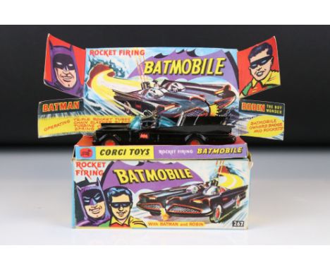 Boxed Corgi 267 Batmobile diecast model with Batman &amp; Robin figures, siren has been snapped off from roof, diecast otherw