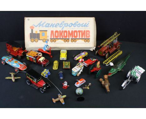 Collection of vintage tin plate, metal &amp; plastic toys to include boxed Russian tin plate railway set, German clockwork Cr