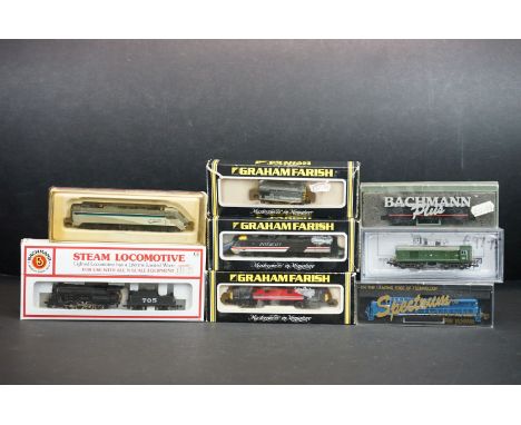 Eight N gauge locomotives to include Bachmann 53052 Consolidation 2-8-0 &amp; Tender, Grafar Virgin City of Birmingham, Bachm