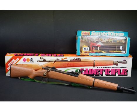 Boxed Matchbox SuperKings  K-43 Log Transporter (model vg, box showing some crushing) along with boxed Marx Bolt Action Cadet