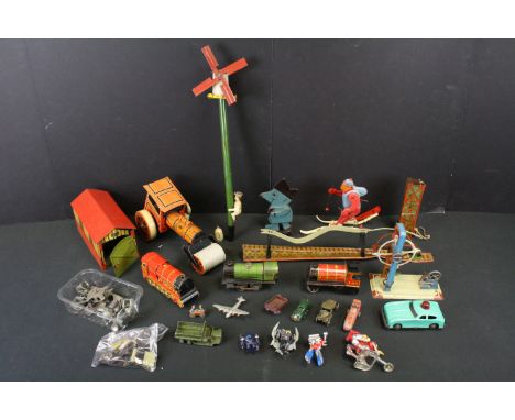 Mixed toys - 12 Mid 20th C tin plate toys to include a Lehmann windmill, Triang Minic car, fairground ride, roller, 3 x train