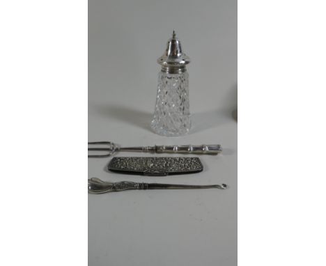 A Collection of Various Silver Mounted Items to Include Sugar Sifter, Fork, Button Hook, Comb Case 