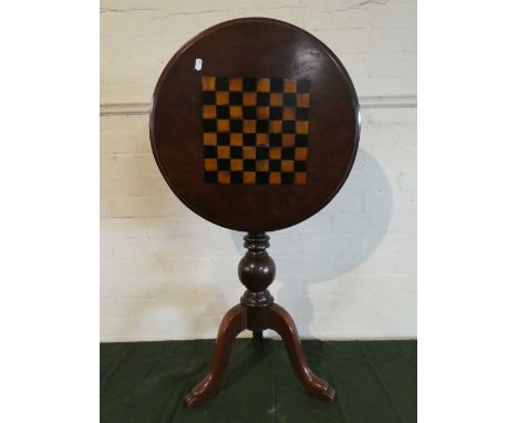 A Late Victorian Mahogany Inlaid Snap Top Tripod Table with Chess Board Top, 52cm Diameter