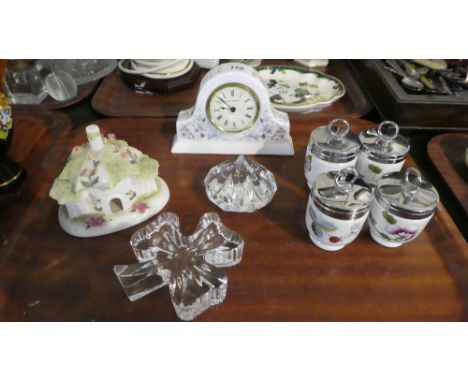 A Tray of Ceramics and Glassware to Include Wedgwood Angela Clock, Coalport Cottage, Royal Worcester Egg Coddlers etc
