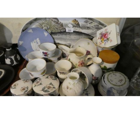 A Tray of Ceramics to Include Portmeirion Salmon Plate, Royal Worcester Evesham Ramekin Dishes, Floral Decorated Boxes, Wild 
