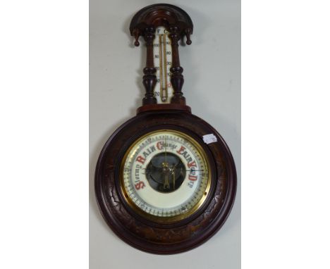 A Late Victorian Wall Hanging Aneroid Barometer with Enamelled Dials, 44cm high 