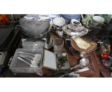 A Tray of Silver Plate to Include Two Handled Warmer, Sardine Dish, Three Piece Tea Service, Cutlery Etc, Box Containing Mini