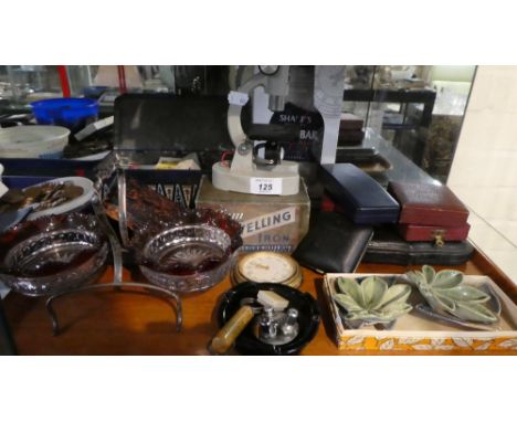 A Tray of Curios to Include Wade Dishes, Microscope, Wall Clock, Tea Cards, Preserve Dishes etc