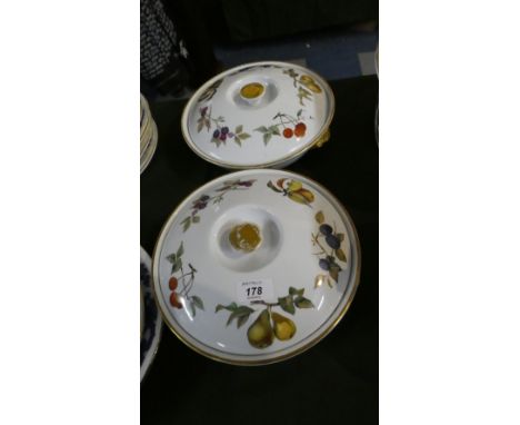 Two Royal Worcester Evesham Patterned Lidded Circular Tureens 