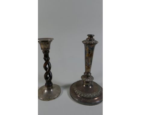 A Silver Mounted Barley Twist Candle Stick and a Silver Plate Candle Stick Base