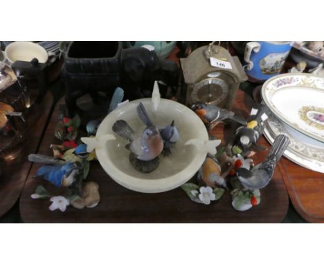 A Tray of Ceramics to Include Bird Ornaments, Elephants Ornaments, Carriage Clock, Onyx Bowl 