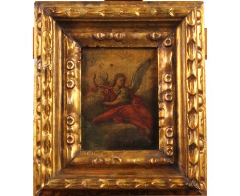 Dipinto ad olio su tavola in cornice in legno scolpito e dorato. Cm 18x13Oil painting on panel in a carved and gilded wooden 