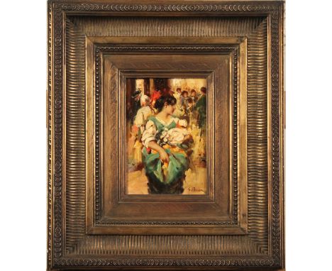 Dipinto ad olio tavola in cornice in legno dorato. Cm 17x11,5&lt;br&gt;Oil painting on panel in gilded wooden frame. 17x11.5c