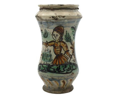 Antica maiolica decorata con figura di bimba sul davanti e motivi ornamentali policromi (varie rotture e mancanze). Napoli. S