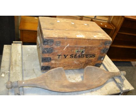 A pine work/toolbox stamped T.V.SEMPERS; a 19th century milkmaid's yoke