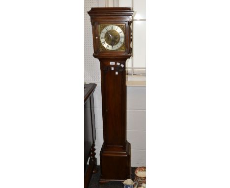 A 20th century mahogany grandmother longcase clock, brass dial inscribed Roberts of London, stepped cornice, column supports,