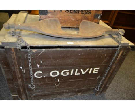 Vintage luggage - a pine travel trunk, initialed C.Ogilvie 