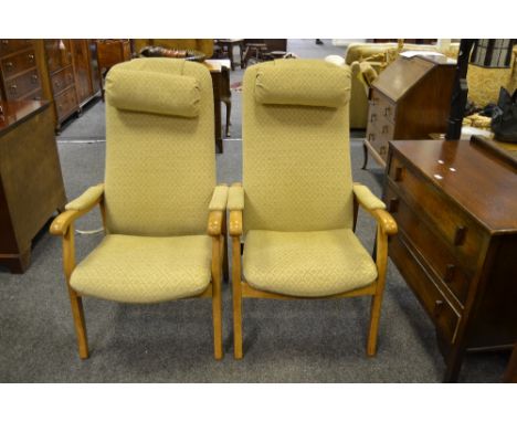 A pair of  Cintique  chairs, upholstered in cream; a conforming foot stool ( 3 ) 