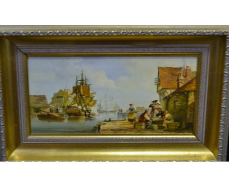 Louis Jennings (20th century)
Alighting The Dutchman, Sailors, Playing Cards on the Harbour, oil on board, signed, 17 x 35cm,