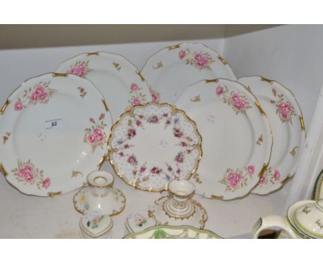 A set of five Royal Crown Derby Pinxton Roses pattern plates; a Royal Crown Derby candlestick; trinket pots and covers; etc