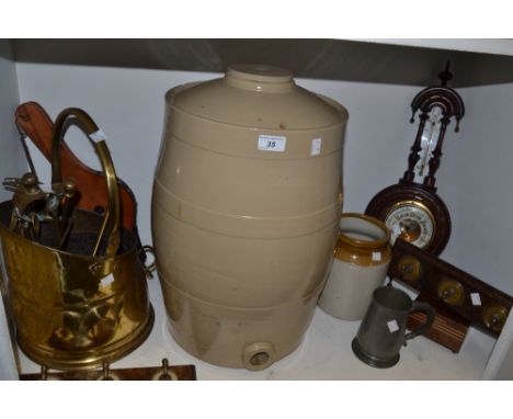 Household Goods - an aneroid barometer; a stoneware barrel; a brass helmet shaped coal bucket; bellows; etc