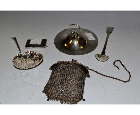 A silver lid, Chester 1905; a silver stamp case Birmingham 1907, a Chinese silver  chain mail purse; a silver sugar sifter  s