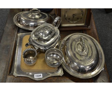 Plated Ware - a pair of entree dishes, a lobed melon shaped teapot, chopping board tray, etc ; mantel clock  (9)