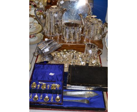 Silver Plated Ware- a silver plated 4 piece tea service; cased flatware; a table sugar scuttle; napkin rings; etc qty