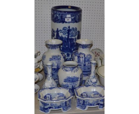Blue and White Ceramics - a Staffordshire flo blue Umbrella/stick stand; a pair of Spode Italian pattern baluster vases; a pa