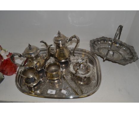 Silver Plated Ware - a four piece silver plated tea service ; swing handled cake basket; tray; etc 