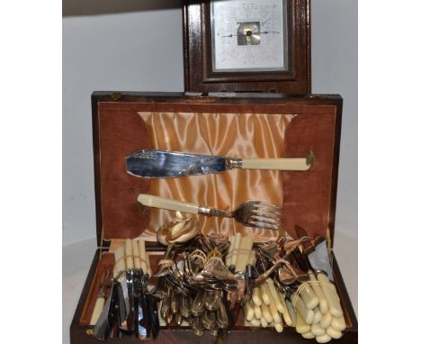 Flatware - cased silver plated fish knives and folks, c 1930's; other flatware; an oak aneroid barometer c 1930's (2)