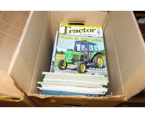 Two boxes of tractor and machinery magazines; and a box containing a silver plated drinks tray; two books etc. 